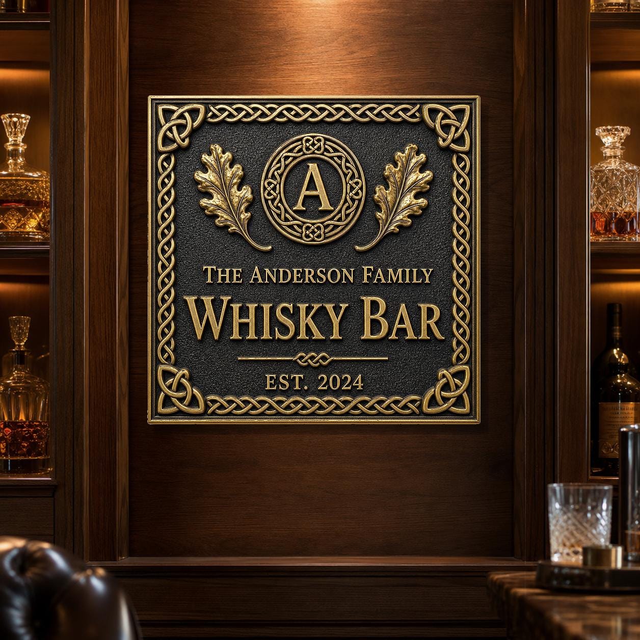 Personalised Celtic Whisky Bar Sign | Antique Brass Irish Pub Plaque | Custom Family Home Bar Gift