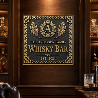 Personalised Celtic Whisky Bar Sign | Antique Brass Irish Pub Plaque | Custom Family Home Bar Gift