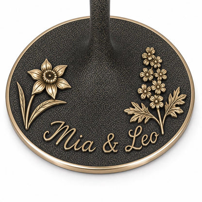 Personalised Birth Flower Wine Glass | Daffodil & Larkspur Antique Brass Base | Custom Couple Glasses
