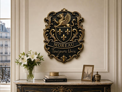 Design Your Own Griffin Crest Plaque | Custom Shield, Surname & Motto | Antique Brass Wall Sign