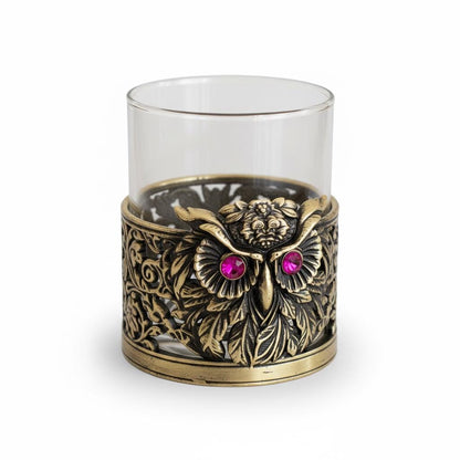 Gemstone Owl Whiskey Glass – Antique Brass Holder, 10 oz