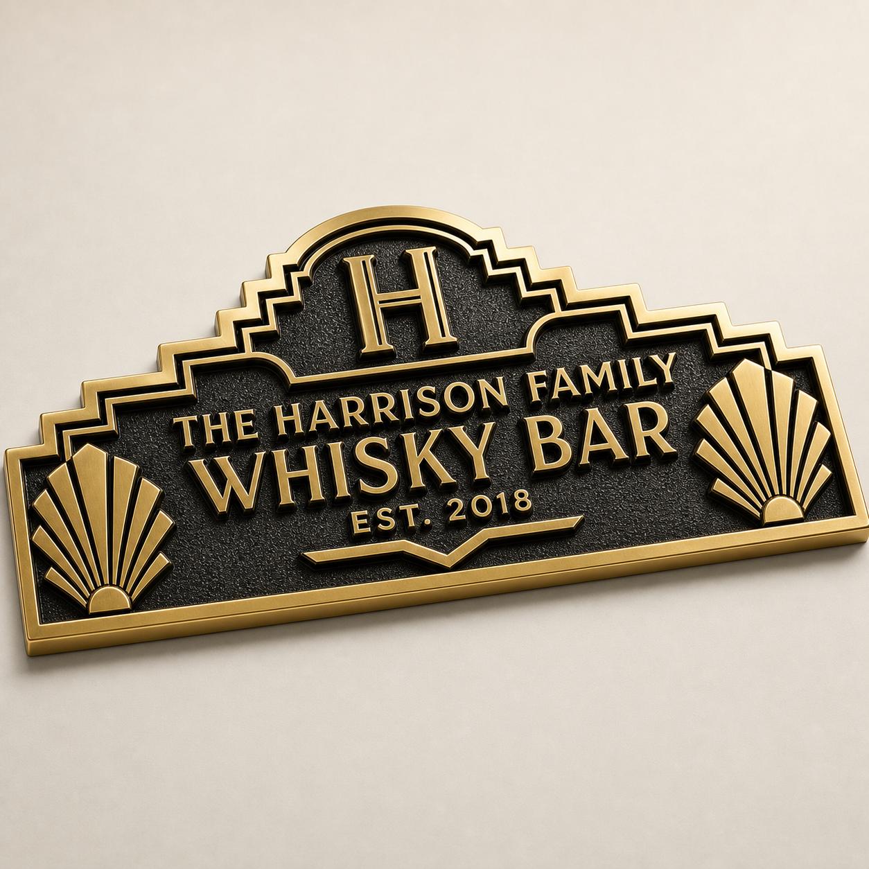 Personalised Art Deco Whisky Bar Plaque | Custom Family Home Bar Sign | Handcrafted Brass Wall Decor