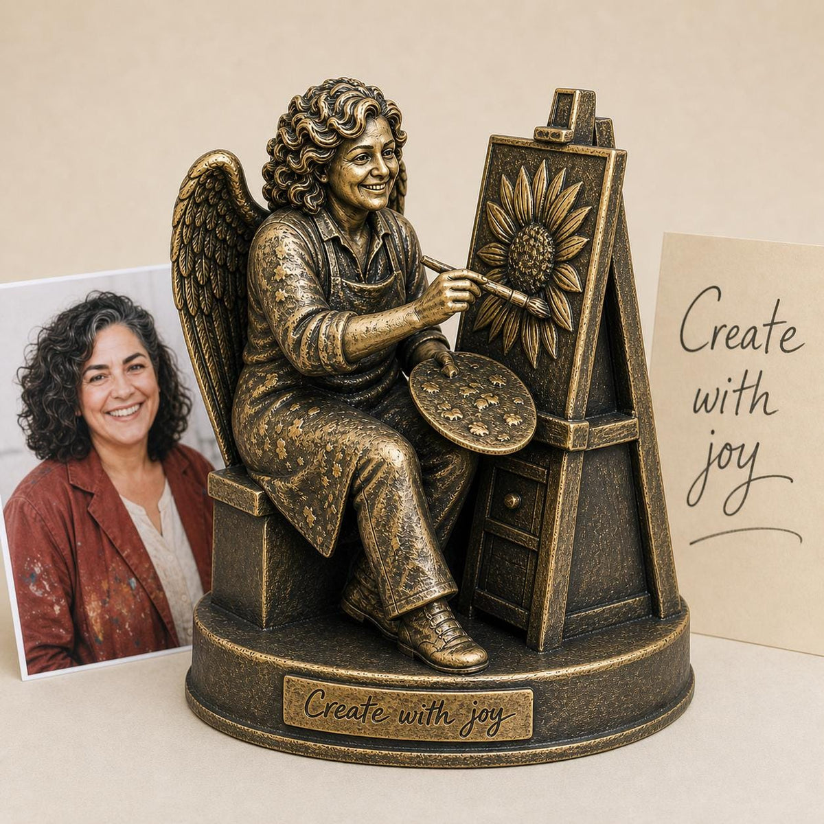 Personalised Painter Memorial Figurine from Photo, Antique Brass Angel Statue, Artist Remembrance Gift