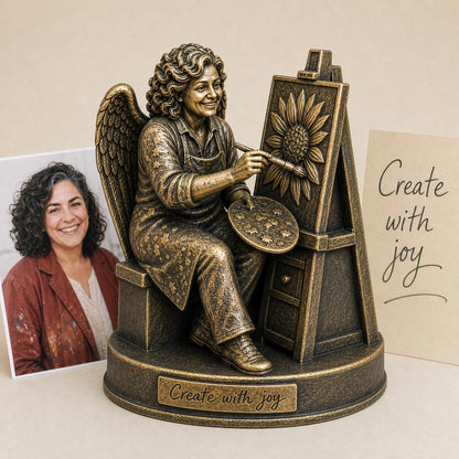 Personalised Painter Memorial Figurine from Photo, Antique Brass Angel Statue, Artist Remembrance Gift