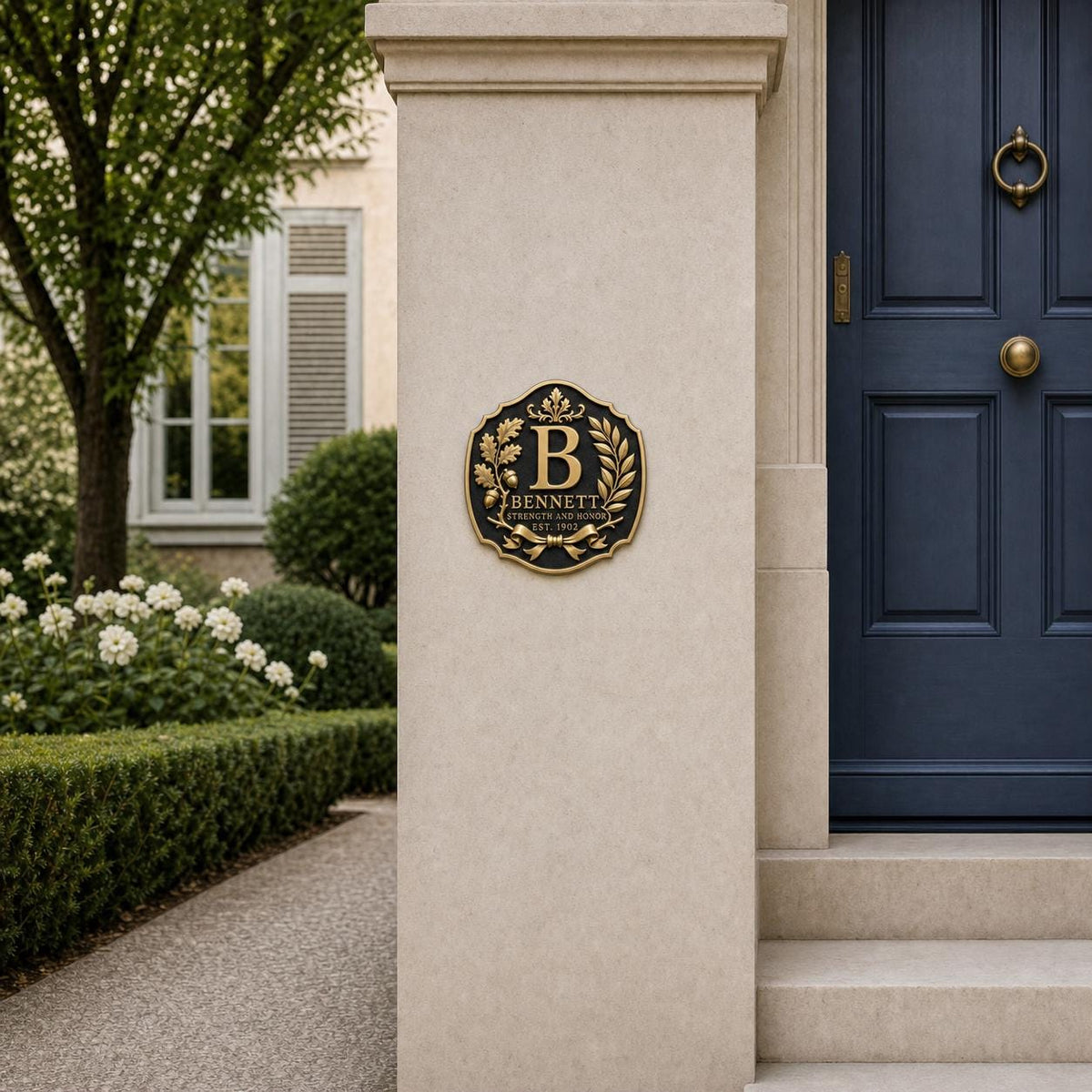 Custom Family Monogram Crest Plaque | Personalised Surname, Motto & Established Year | Antique Brass Wall Sign
