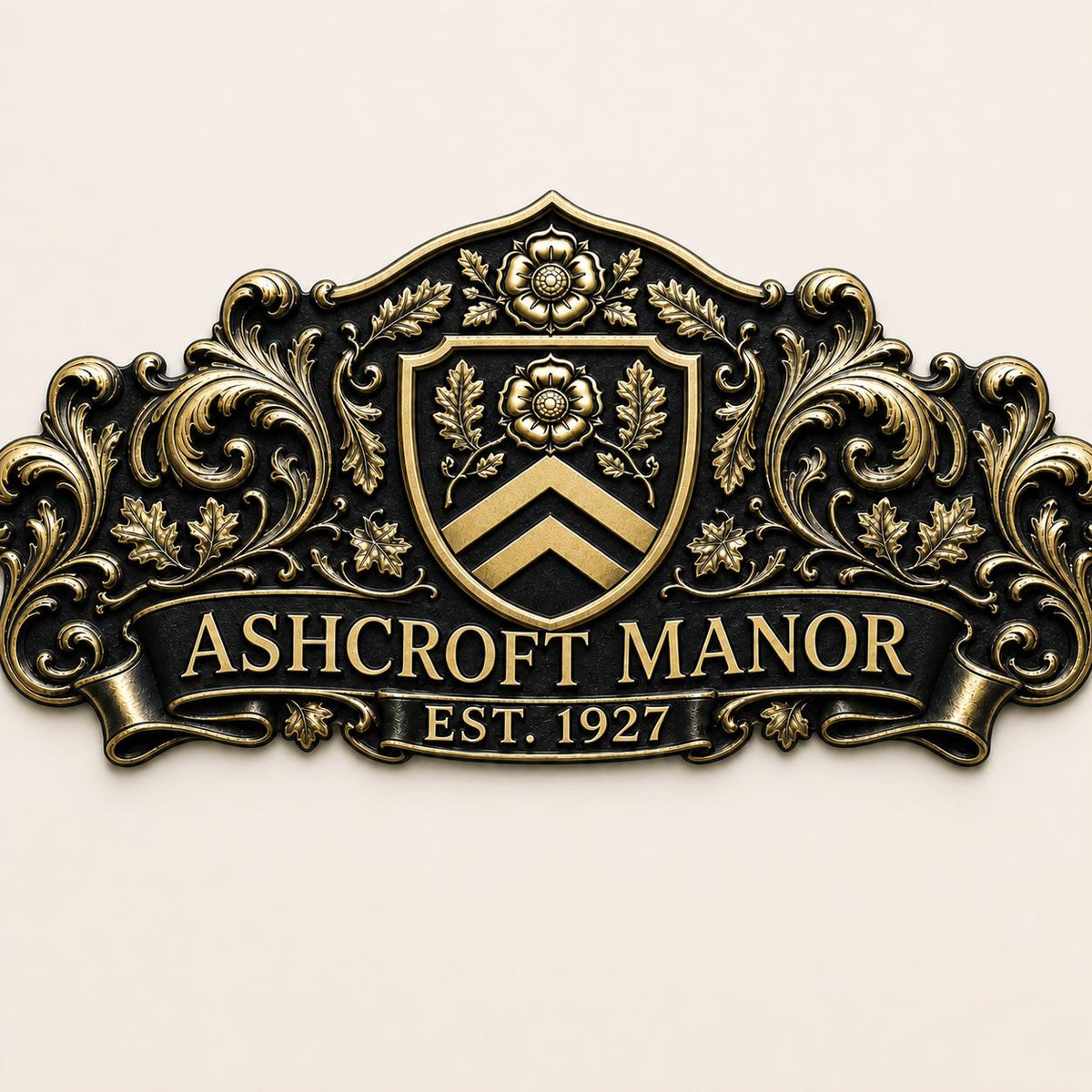 Front view of the wide Ashcroft Manor plaque with a chevron shield and scrolling leaves