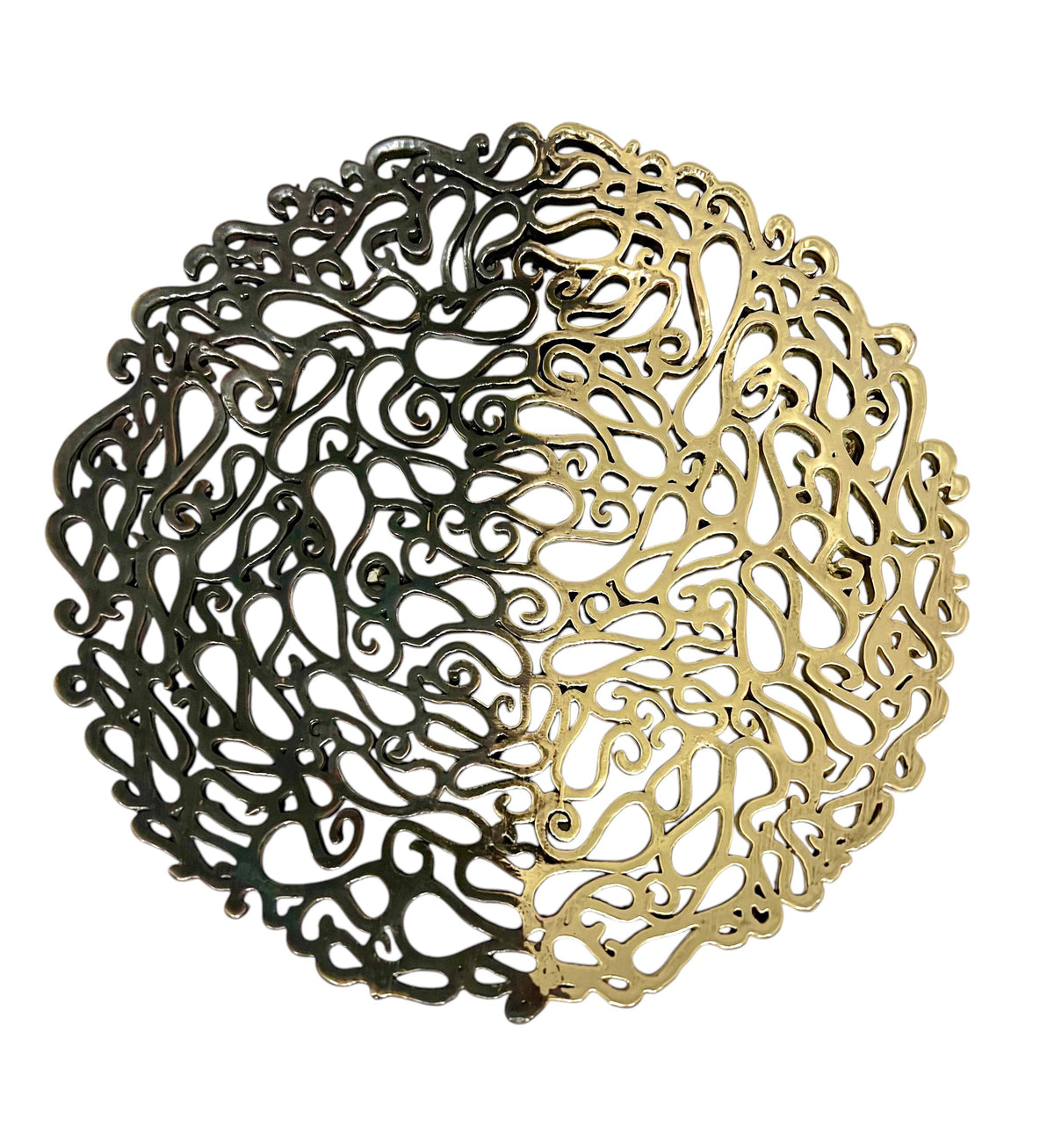 Round filigree tray in a gold and dark antique ombre finish