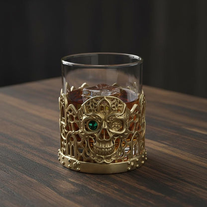 Gemstone Skull Whiskey Glass – Gold Holder, 10 oz