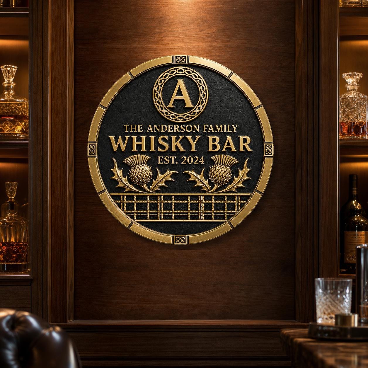 Personalised Scottish Whisky Bar Sign | Antique Brass Round Tartan Plaque | Custom Family Home Bar Gift