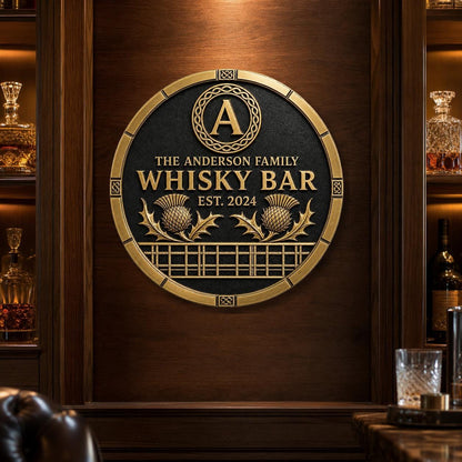 Personalised Scottish Whisky Bar Sign | Antique Brass Round Tartan Plaque | Custom Family Home Bar Gift