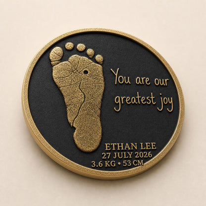 Personalised Baby Footprint Plaque, Custom Birth Stats Keepsake, Antique Brass Gift