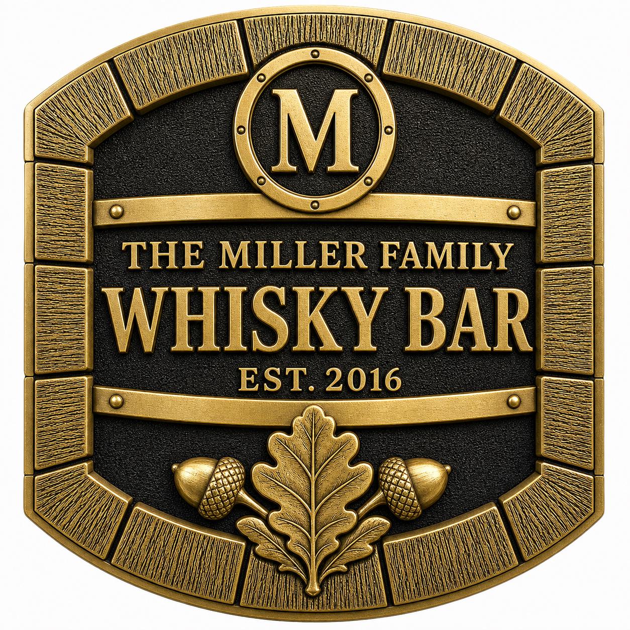 Personalised Oak Barrel Whisky Bar Plaque | Custom Family Home Bar Sign | Handcrafted Antique Brass Wall Decor