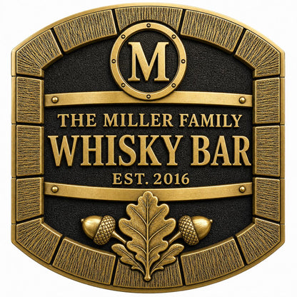 Personalised Oak Barrel Whisky Bar Plaque | Custom Family Home Bar Sign | Handcrafted Antique Brass Wall Decor