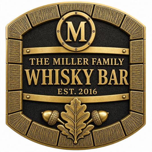 Personalised Oak Barrel Whisky Bar Plaque | Custom Family Home Bar Sign | Handcrafted Antique Brass Wall Decor