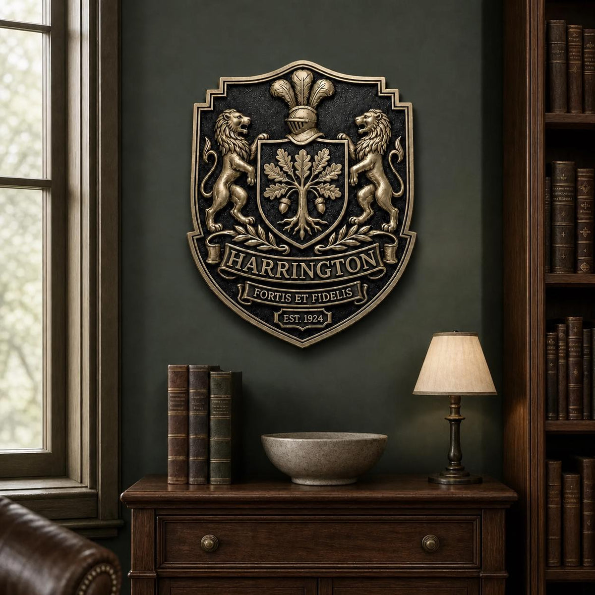 Design Your Own Coat of Arms Plaque | Lion Supporters & Motto Banner | Antique Brass Wall Sign