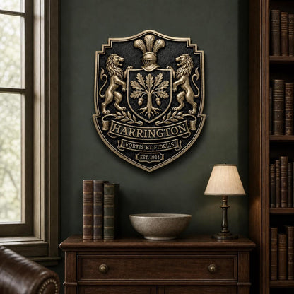 Design Your Own Coat of Arms Plaque | Lion Supporters & Motto Banner | Antique Brass Wall Sign