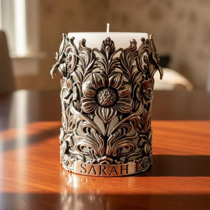 Floral holder with SARAH on the band, on a polished table