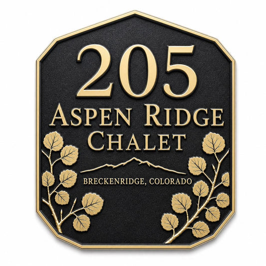 Personalised Mountain Cabin Address Plaque | Custom Metal House Number | Antique Brass Wall Decor
