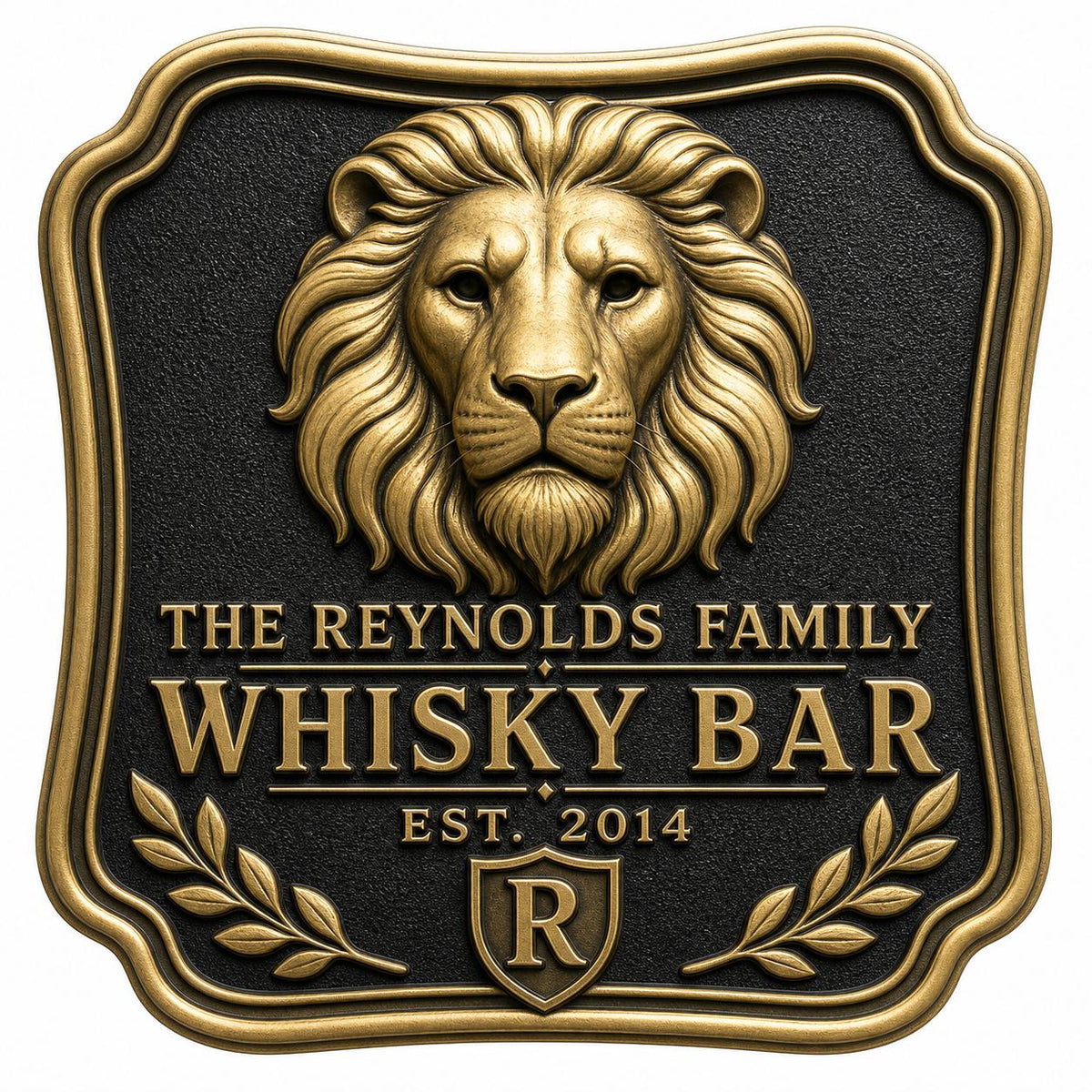 Personalised Lion Whisky Bar Sign | Antique Brass Family Bar Plaque | Custom Wall Decor