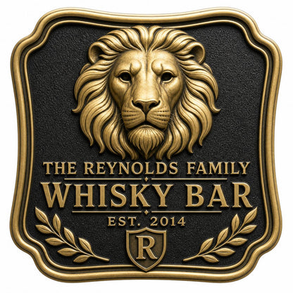 Personalised Lion Whisky Bar Sign | Antique Brass Family Bar Plaque | Custom Wall Decor