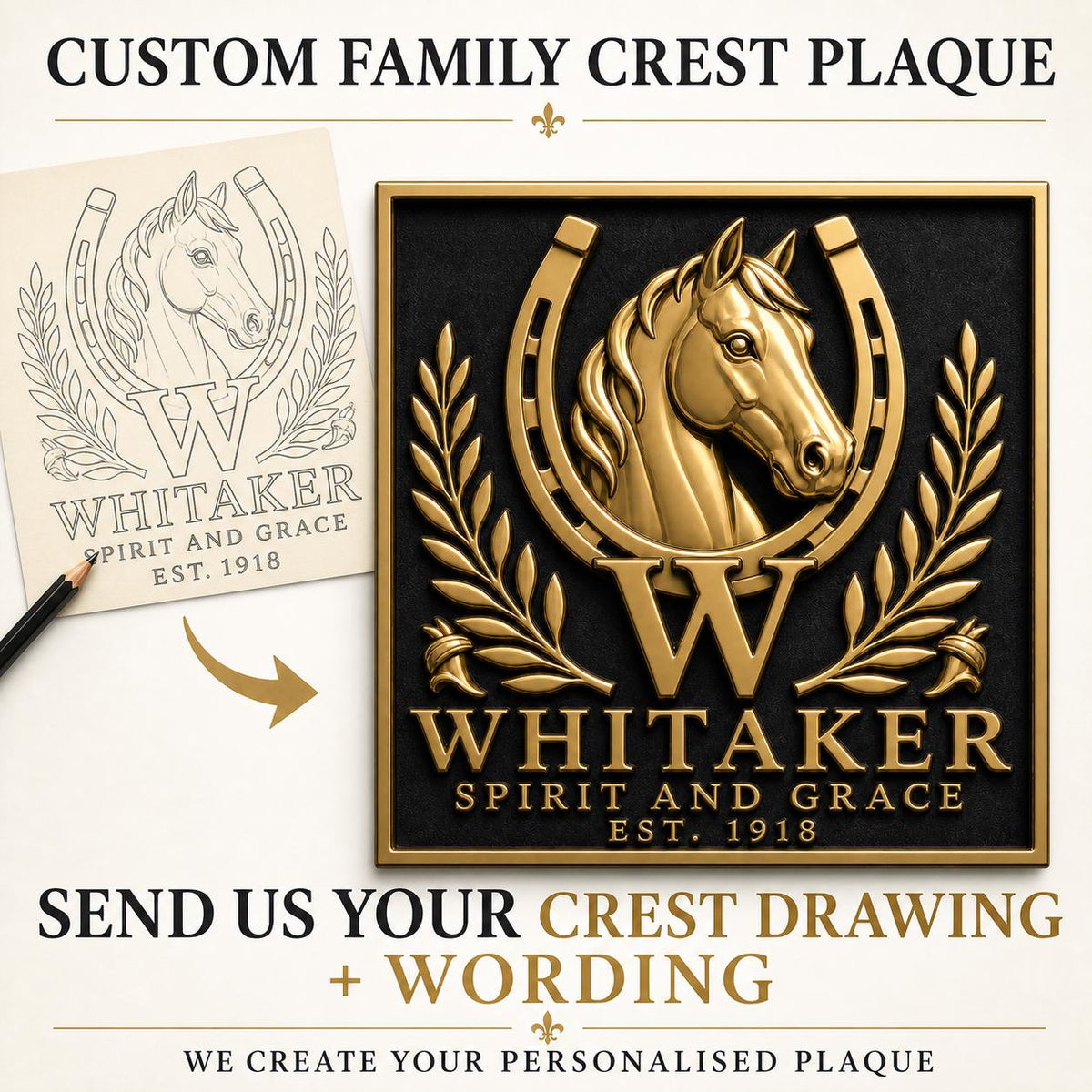 Custom Family Seal Plaque | Personalised Monogram, Ancestry Crest & Motto | Brass House Sign