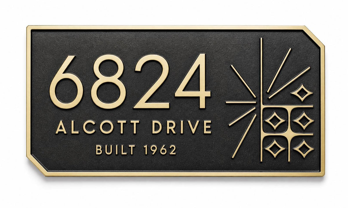 Personalised Mid Century Modern Address Plaque | Custom Metal House Number | Antique Brass Wall Name Plate