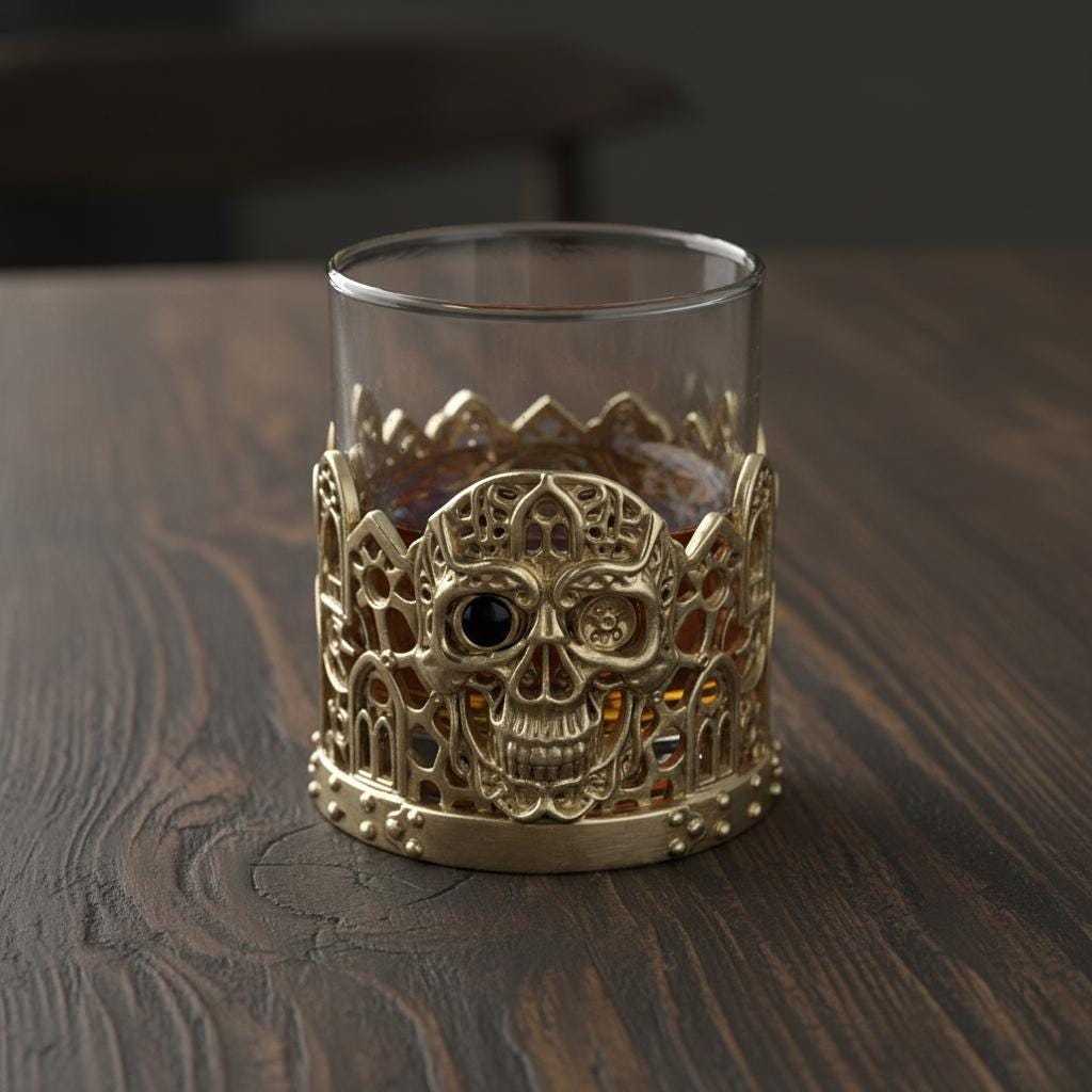 Gemstone Skull Whiskey Glass – Gold Holder, 10 oz