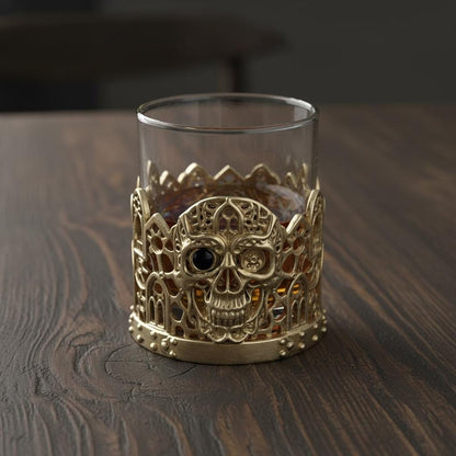 Gemstone Skull Whiskey Glass – Gold Holder, 10 oz