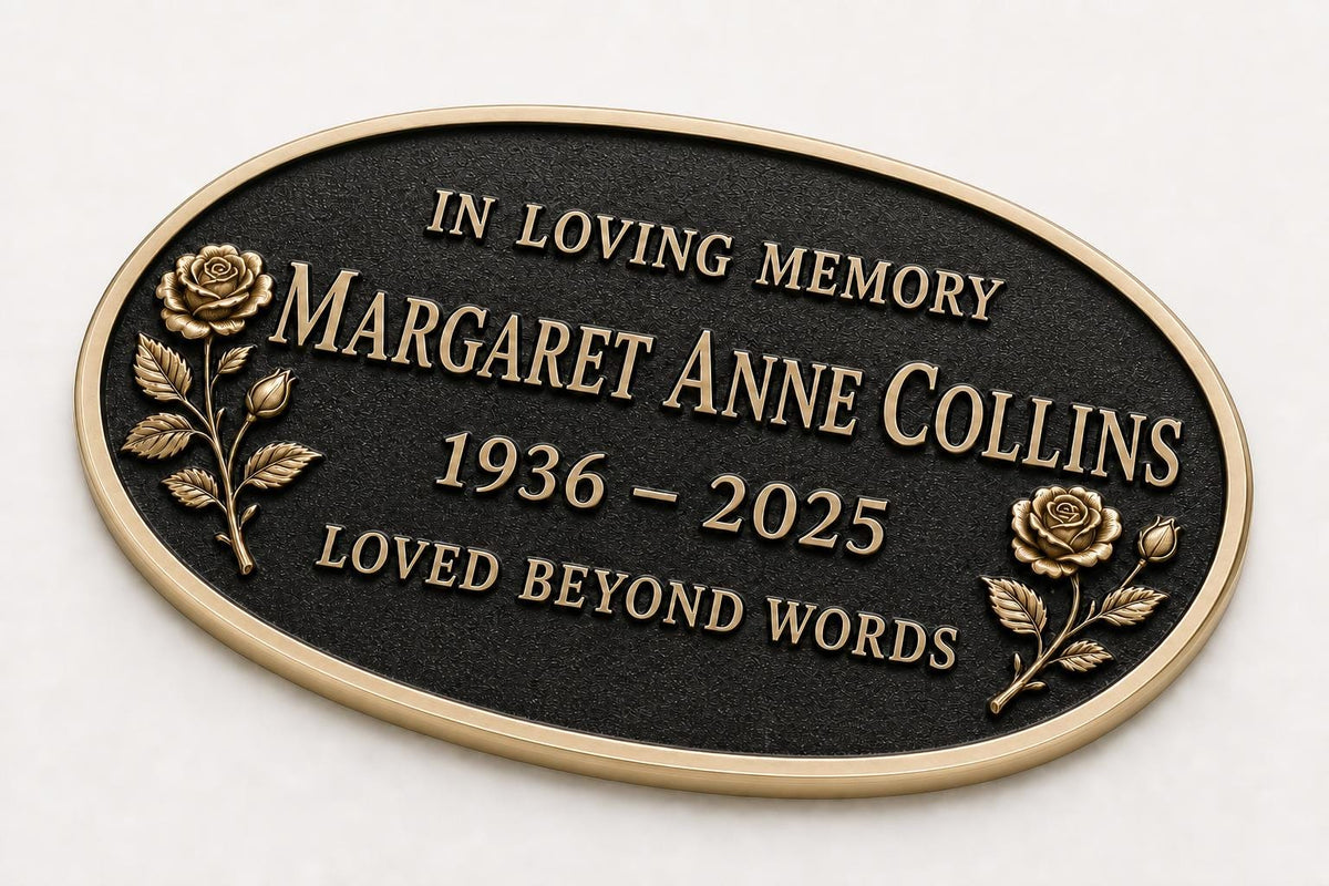 Personalised Tribute Plaque, Floral Memorial Sign, Antique Brass Finish
