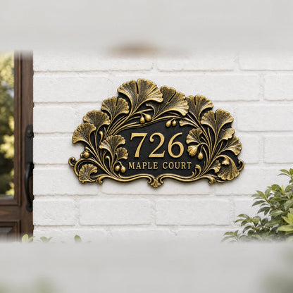 Design Your Own Custom House Number Plaque | Personalized Antique Brass Ginkgo Leaves Address Sign