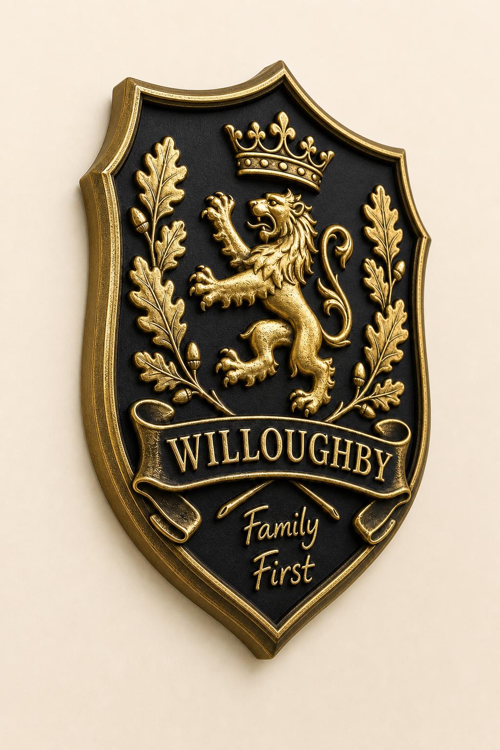 Design Your Own Crowned Lion Crest Plaque | Custom Surname & Motto | Antique Brass Wall Sign