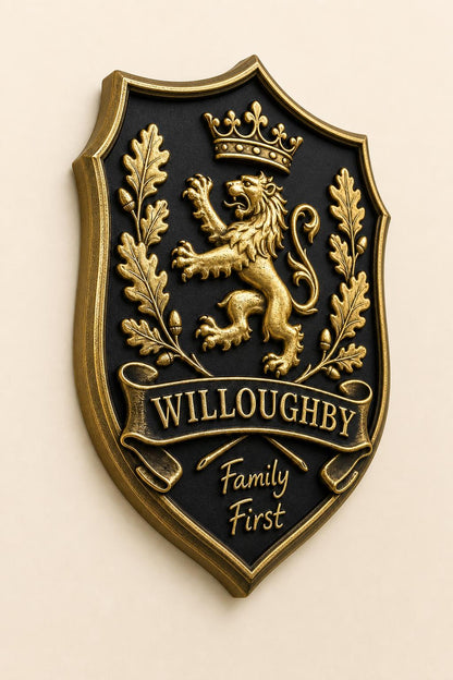 Design Your Own Crowned Lion Crest Plaque | Custom Surname & Motto | Antique Brass Wall Sign