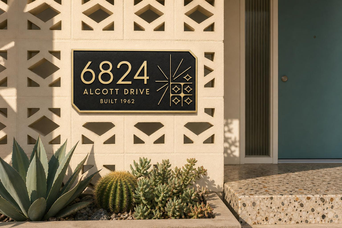Personalised Mid Century Modern Address Plaque | Custom Metal House Number | Antique Brass Wall Name Plate
