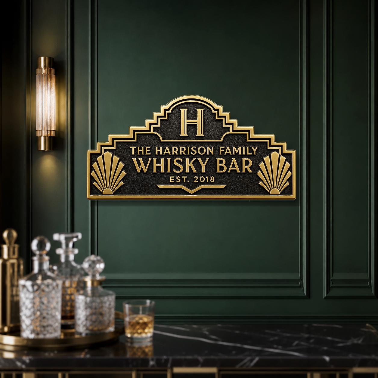 Personalised Art Deco Whisky Bar Plaque | Custom Family Home Bar Sign | Handcrafted Brass Wall Decor