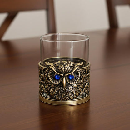 Gemstone Owl Whiskey Glass – Antique Brass Holder, 10 oz