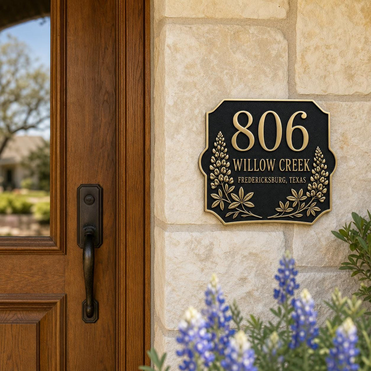 Personalised Lupine Flower Address Plaque | Custom Antique Brass House Number | Outdoor Wall Decor