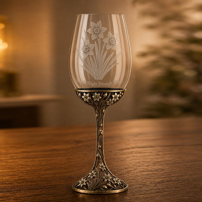 December Narcissus Wine Glass, Personalised Birth Flower, Openwork Brass Stem, Custom Etched Gift