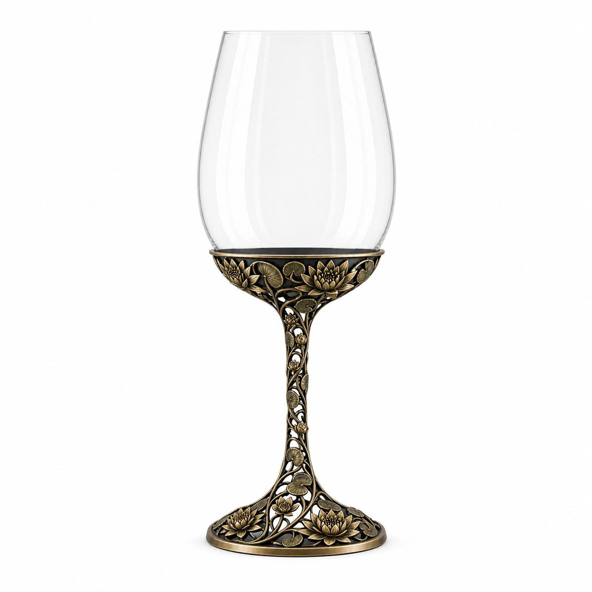 July Water Lily Wine Glass, Personalised Birth Flower, Openwork Brass Stem, Custom Etched Gift