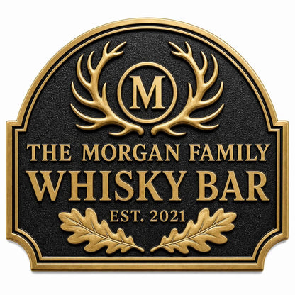 Personalised Antler Home Bar Sign | Antique Brass Whisky Plaque | Custom Deer Wall Decor