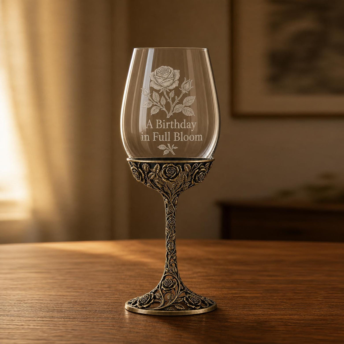 June Rose Wine Glass, Personalised Birth Flower, Openwork Brass Stem, Custom Etched Gift