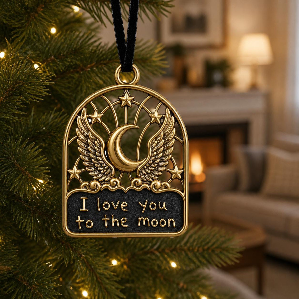 Large Personalized Moon & Wings Memorial Ornament | Wedding Keepsake | Brass Christmas Decor
