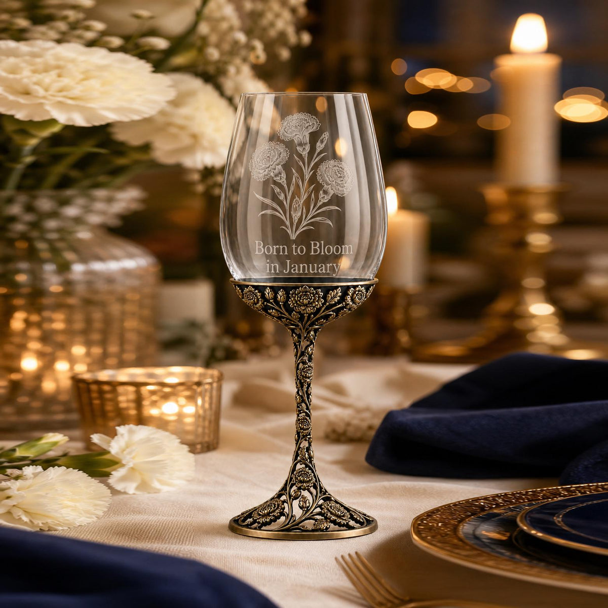 Personalised January Carnation Wine Glass, Custom Etching, Antique Brass Birth Flower Stemware