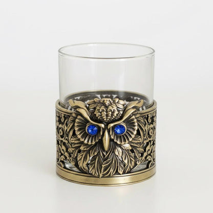 Gemstone Owl Whiskey Glass – Antique Brass Holder, 10 oz