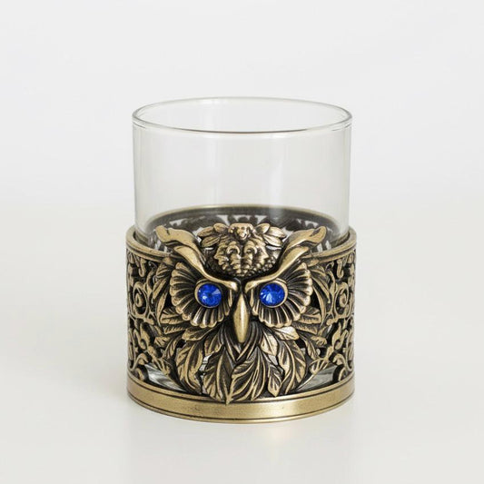 Gemstone Owl Whiskey Glass – Antique Brass Holder, 10 oz