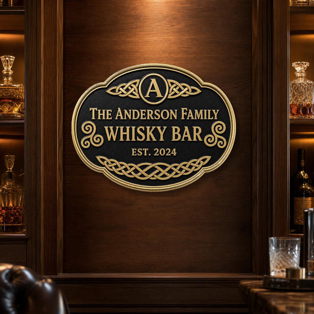 Personalised Celtic Whisky Bar Sign | Antique Brass Oval Family Bar Plaque | Custom Irish Home Bar Wall Sign