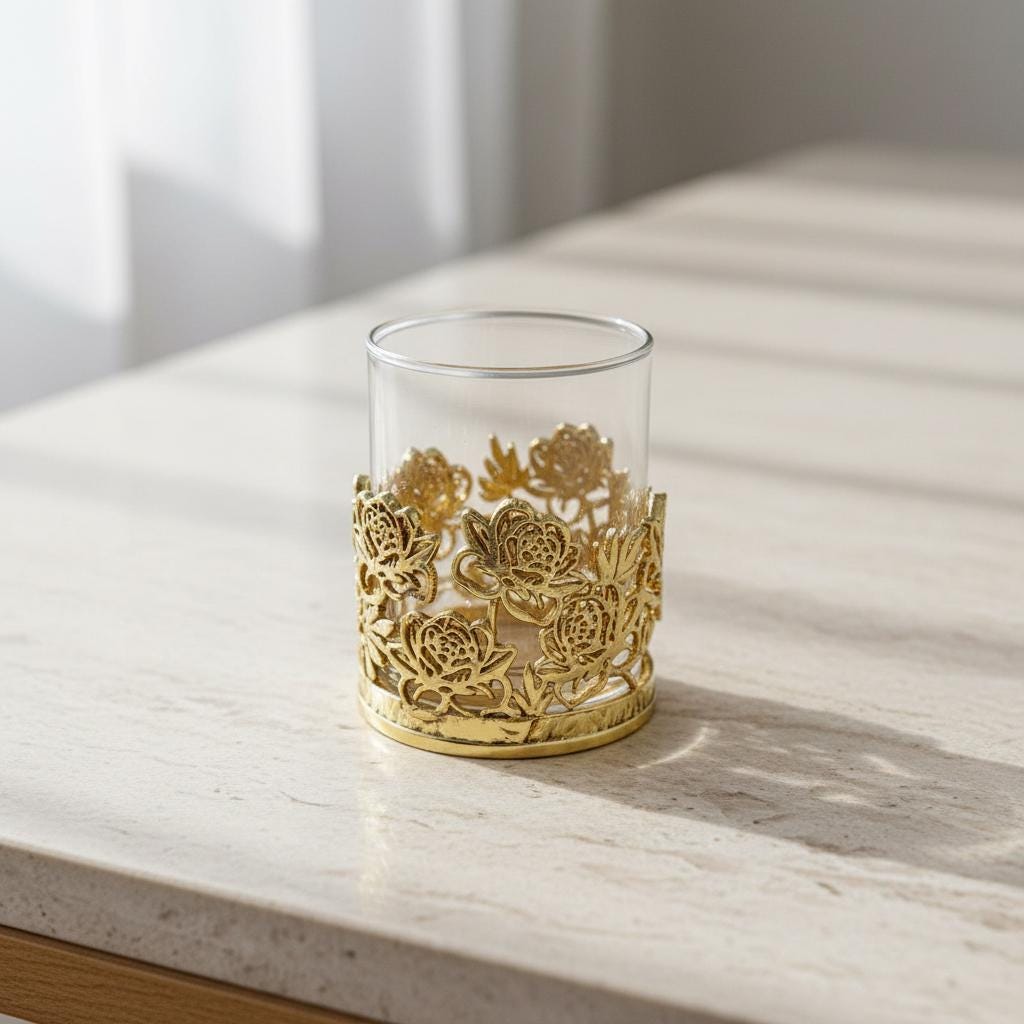 Floral Whiskey Glass – Openwork Metal Holder, 10 oz