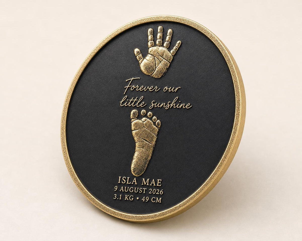 Personalised Little Baby Plaque, Custom Handprint & Footprint, Antique Brass Nursery Gift