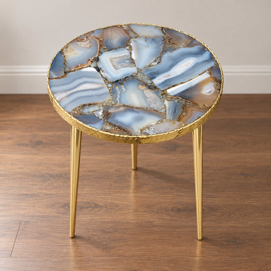 
Banded Agate Side Table, Round Top with a gold rim and three plain gold legs, shown full length in a room