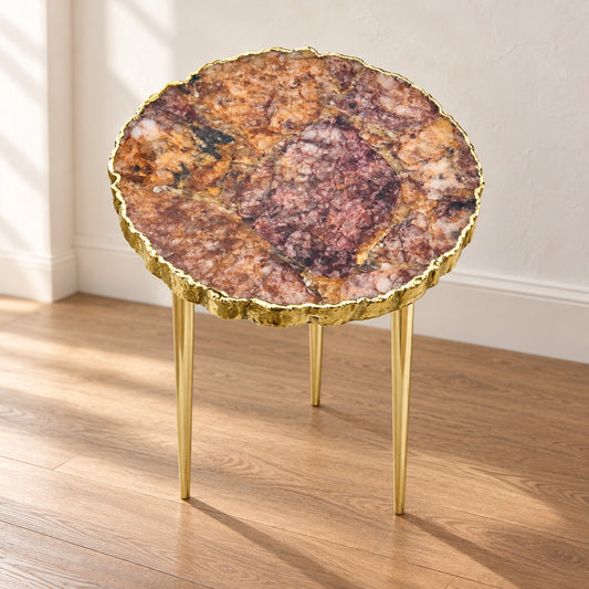 
Golden Quartz Agate Side Table, Organic Edge with a gold rim and three plain gold legs, shown full length in a room