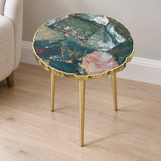 
Green Agate Side Table, Organic Edge with a gold rim and three plain gold legs, shown full length in a room